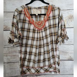 Chelsea & Violet Anthropologie Plaid Quarter Sleeve Beaded Top Size Medium